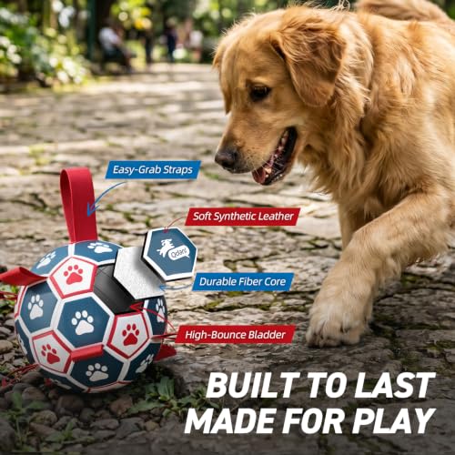 Image of QDAN Dog Toys Soccer Ball with Straps:Durable Balls for Large Dogs, Outdoor Dog Toys, Puppy Birthday Gifts (7 Inch)