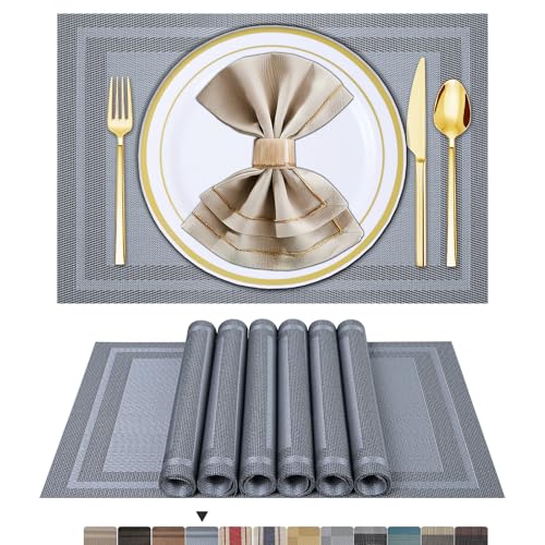 ARTAND Placemats Set of 6, Woven Placemats for Dining Table, Boho Decor Plastic Table Place Mats, Vinyl Table Mats for Indoor Outdoor Silver Grey ARTAND