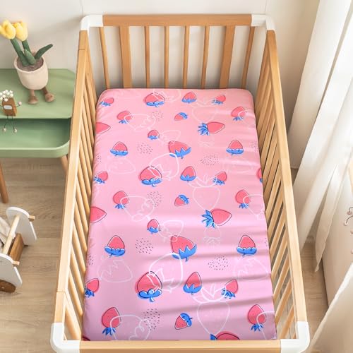 Image of Baby Fitted Crib Sheet Soft Microfiber 52 inch x 28 inch Crib Mattress Sheet for Girls Breathable Baby Bedding with Strawberry Pattern Design Pink