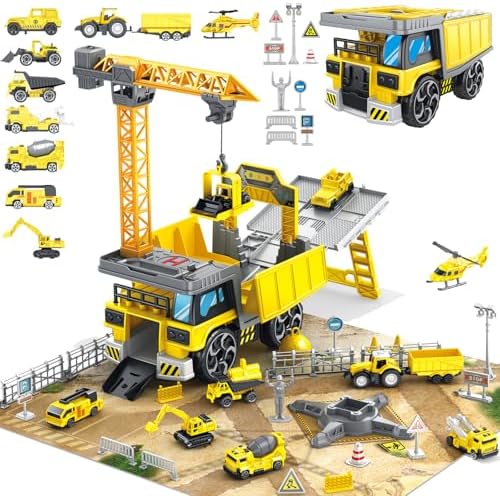 Construction Vehicles Track Set with Excavator, Dump Truck, Cement Truck, Wheel Loader & Rotating Crane, Car Carrier for Storage, STEM Building Toy for Kids Ages 3-12 (ASTM Certified)