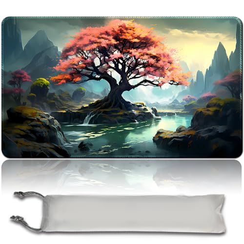 MPLR Tapis de jeu MTG + sac étanche gratuit, bords cousus, surface en caoutchouc lisse, PlayMat avec zones (arbre rose - pas de zone)