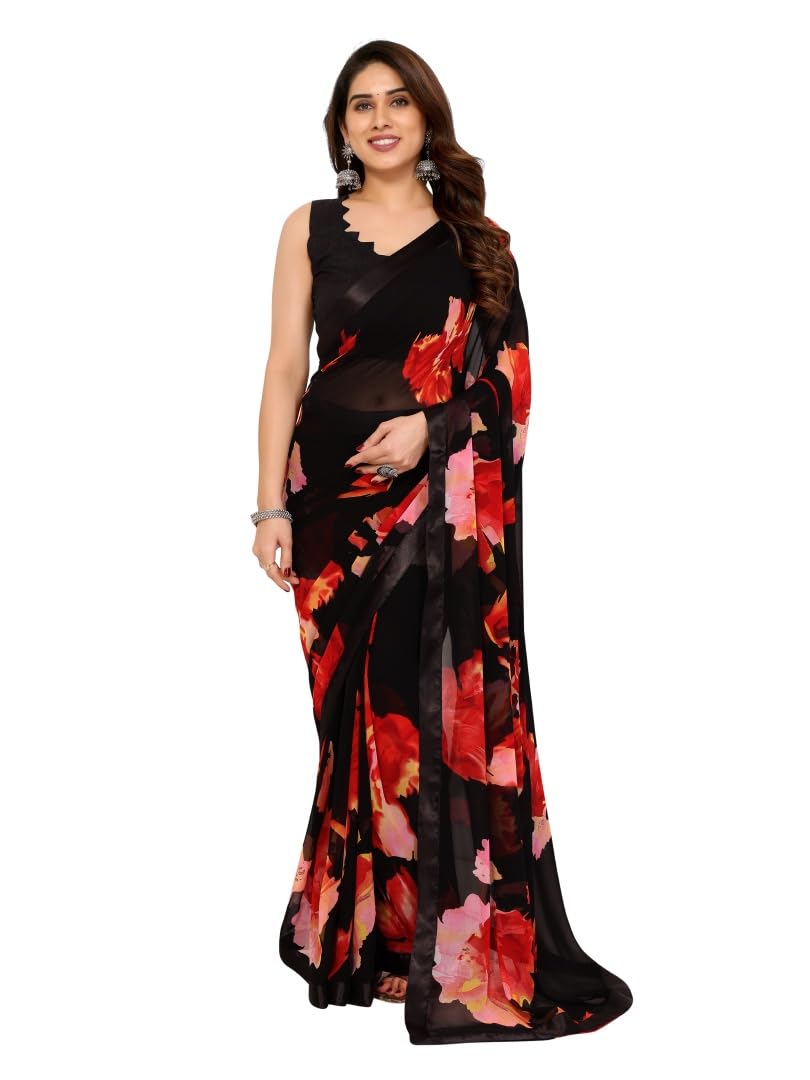 MOHIT CREATIONSWomen's Party Wear Georgette Printed Border Ready To Wear Saree With Unstiched Blouse Piece
