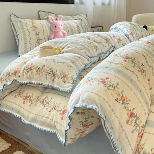 Housse de couette qui ne glisse pas parure de lit en velours chaud bleu et blanc