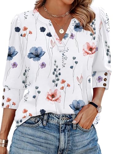 3/4 Length Sleeve Womens Tops for Teachers Blouses Dressy Casual Boho Tunic Tops Early Fall Fashion Must Haves 2025 School Outfits Summer Women's Clothing Trendy Fall Clothes White Floral XL