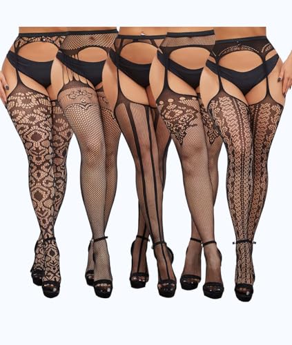 Women Fishnet Thigh High Garter Stockings Patterned Tights 5 Pairs
