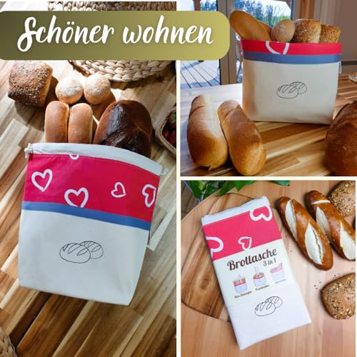 Foto von slowroom Brotbeutel zur Brotaufbewahrung und Frischhalten 3 in 1 - Brotkorb Stoff  - Brottasche aus Baumwolle - Brotkasten 32 x 35 cm, Herzen