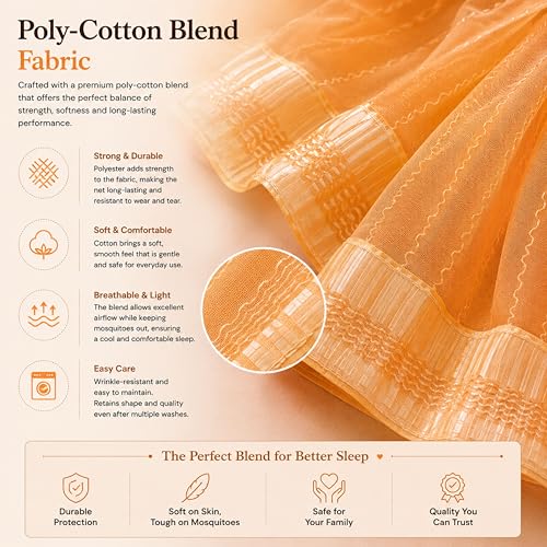 Image of Mosquito Net for King Size Bed & Double Bed (6x7 ft, Wall /Hook Hanging) Poly-Cotton Blend Fabric with Zigzag Wave Line Pattern, Pre-Fitted Bottom & Cotton Ribbon (Golden Orange)