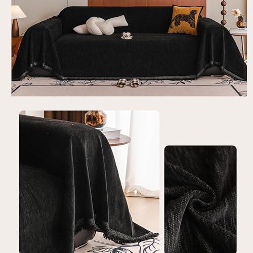 Housse de canapé en chenille douce noire jeté de luxe à franges pour canapé d'angle - 3