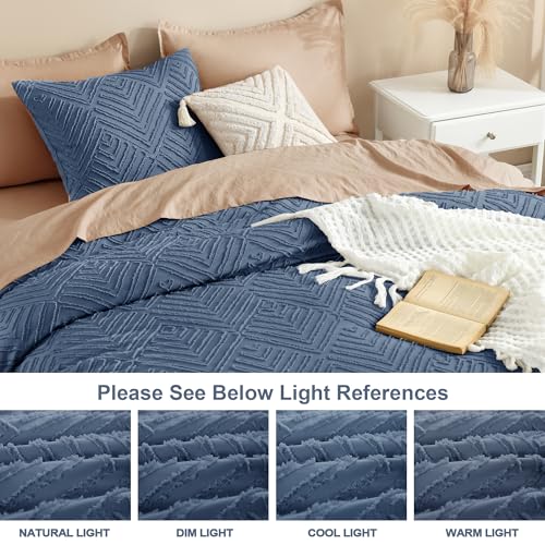 Image of Litanika Ocean Blue Queen Comforter Set, 3 Pieces Tufted Boho Farmhouse Bedding Comforter Sets, Lightweight Fluffy Comforter Bed Set for All Season (90x90In Comforter and 2 Pillowcases)
