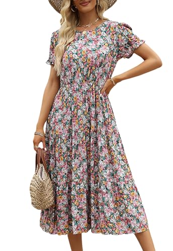 Image of NAVINS Womens Floral Print Modest Wedding Guest Midi Dress with Pockets | Puff sleeve tiered boho dress for summer, church, and vacations. Elastic waist, Below knee, hand or machine wash.