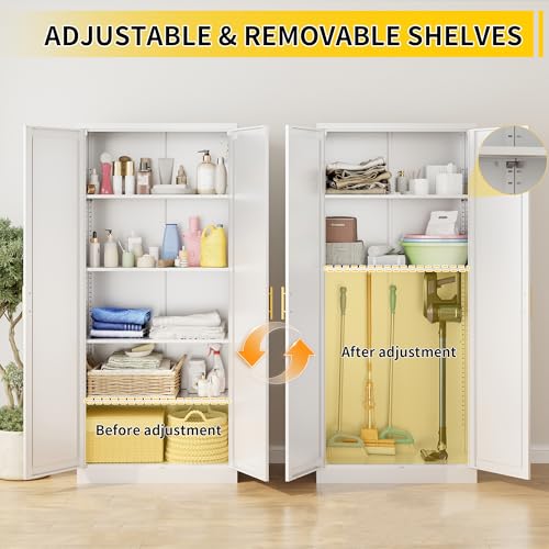 Image of Metal Pantry Cabinet, 71 inchH x 28 inchW x 14 inchD Pantry Cabinets with 2 Doors and 4 Adjustable Shelves, Kitchen Pantry Storage Cabinets, Metal Storage Cabinet for Kitchen, Dining Room, Living Room-White