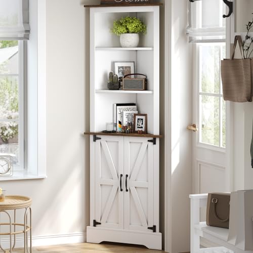 4 EVER WINNER Tall Corner Cabinet with Barn Door and Adjustable Shelves, 5-Tier Corner Shelves for Small Space, Living Room, Hallway, Bathroom, White