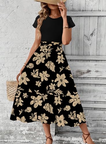 Image of Dokotoo Women's 2026 Summer Dress Short Sleeve Crew Neck Casual Floral Print Long Flowy Dresses Maxi Dresses