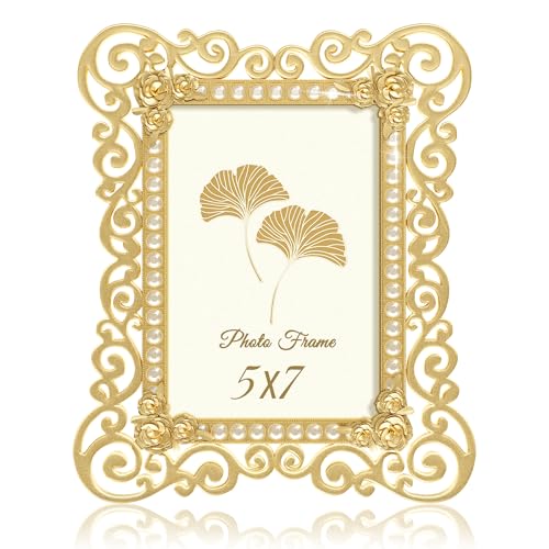Image of DUENPY Metal 5x7 Photo Frame HD Glass Gold 1 Pack | Luxury Golden Metal Frame, Elegant Desktop Ornament, Perfect for Photo Display and Holiday Gifting