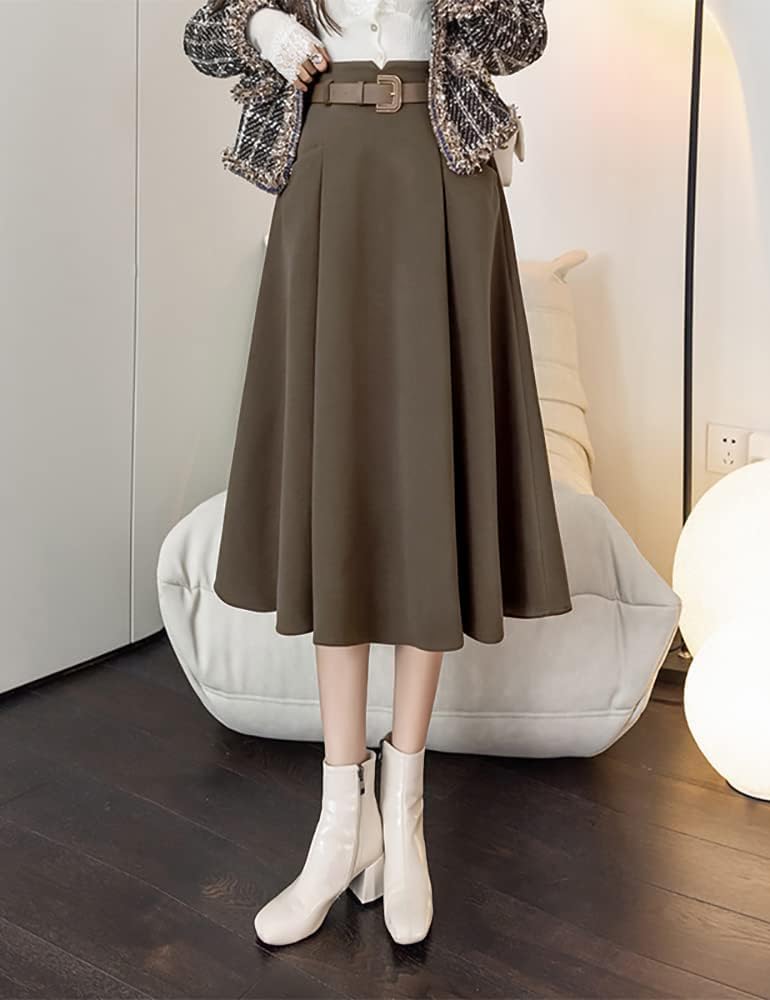 IDEALSANXUN Wool Midi Skirts for Womens High Waisted A Line Pleated Belted Fall Winter Skirts - Image 2