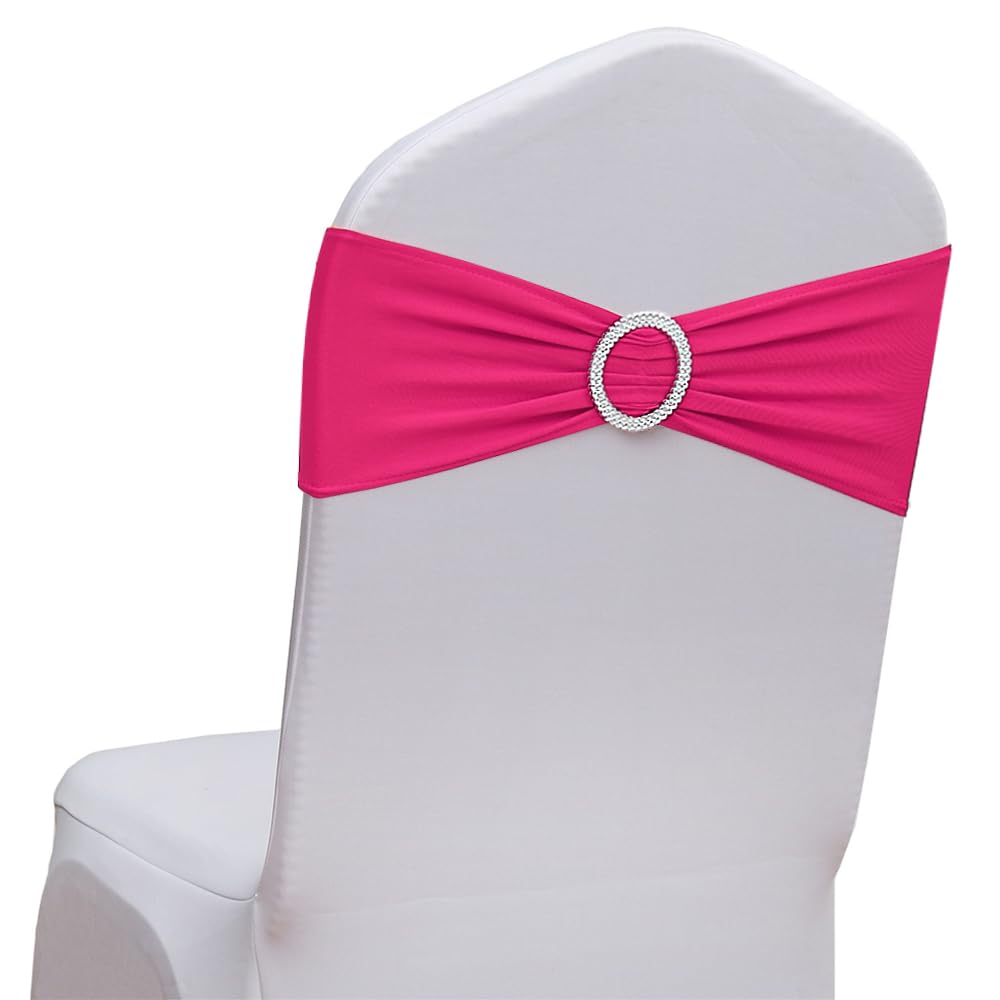 JFDYDM 50 Pack Lycra Hot Pink Chair Sashes with Buckle Slider for Wedding Party Birthday Baby Shower Decorations, Spandex Chair Sashes Bands for Banquet Events Hotel Decor