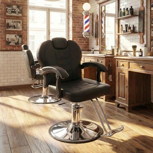 THINK 30 Classic Reclining Barber Chair, Salon Chair for Hair Stylist with Heavy Duty Hydraulic Pump, 360° Rotation, Tattoo Chair Shampoo Beauty Salon Equipment, Max Load Weight 330 Lbs, Black