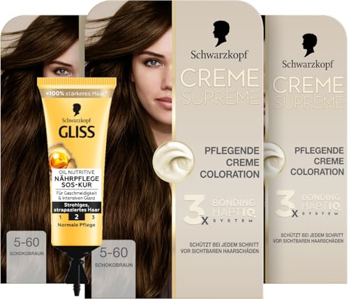 Schwarzkopf Creme Supreme Coloration 5-60 Schokobraun (3x 182 ml), dauerhafte Haarfarbe mit Serum und Haar-Maske & SOS-Intensiv-Kur Oil Nutritive (15 ml) Haarkur für intensive Reparatur