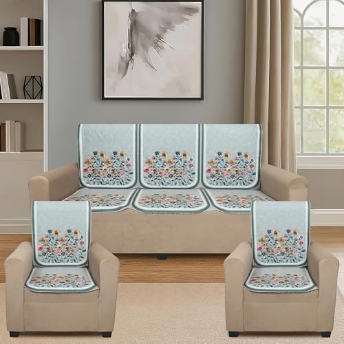 Image of Velvet 3 Seater Sofa Cover with 6 Seat and Back Covers - Floral Design - Washable Fabric - Stylish Sofa Cover for Modern Living Room (Light Green, 3 Seater Without Arm Cover)