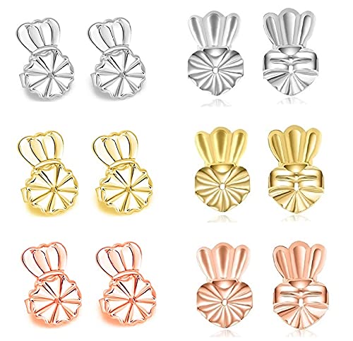 Original Magic Earring Lifters, TQsuen 6 Pairs Crown Magic Backs for Earrings Adjustable Secure Earring Lifts Safety Drooping Earring Backs for Ear Lobe Lifter (2 Silver/ 2 Gold/ 2 Rose Gold)