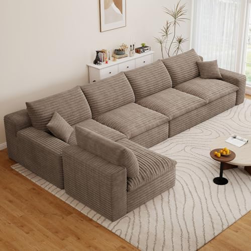 Image of 136 inch Cloud Couch Modular Sectional Sofa for Living Room, L-Shape Boneless Couch with Deep Seat, Modern Corduroy 5-Seater, No Assembly Required,Camel