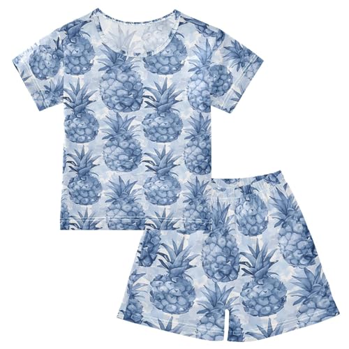 ALAZA Blue Watercolor Pineapple Pajamas Set Short Sleeve Cotton Sleepwear Summer Pjs 2 Piece 5-14Y