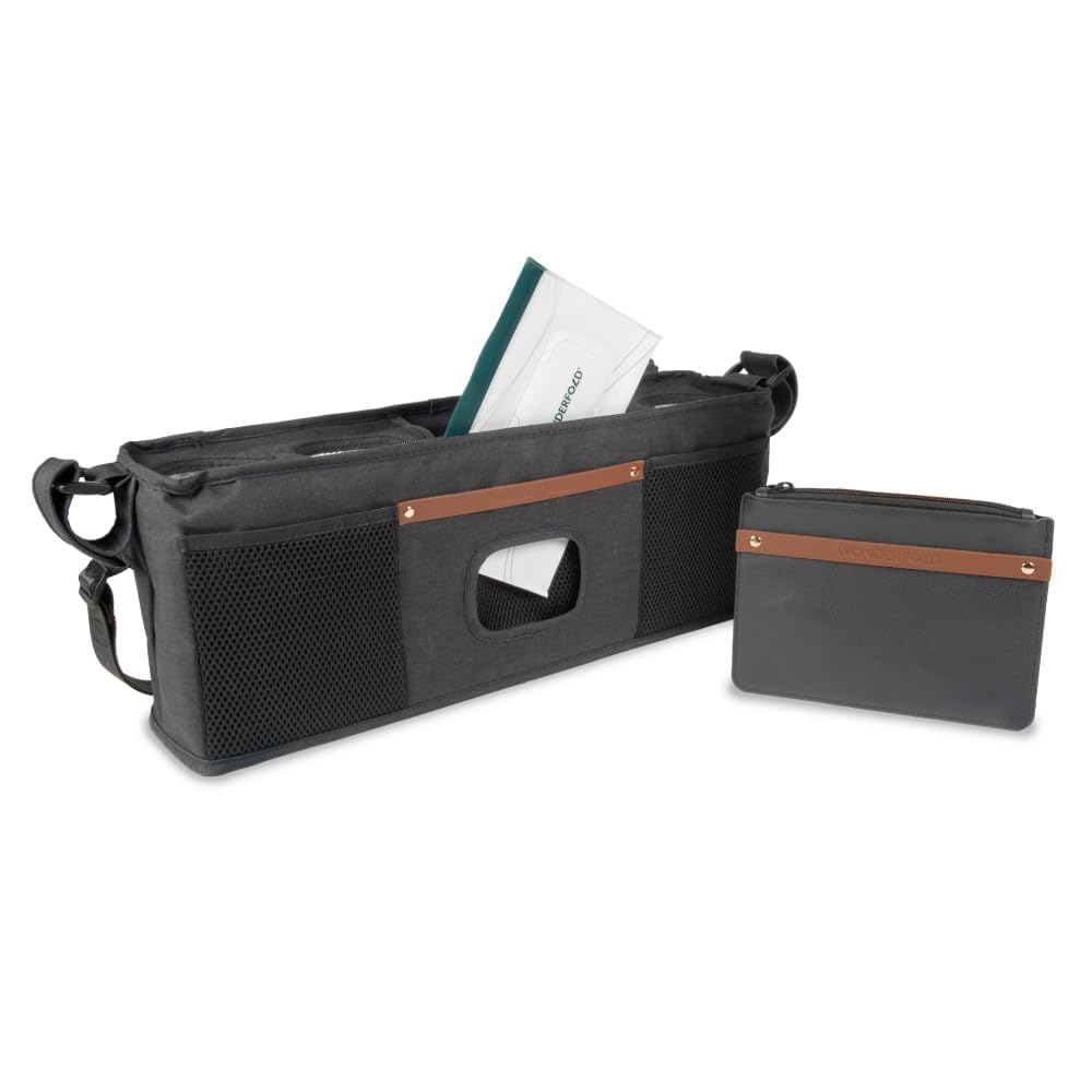 WONDERFOLDParent Console Stroller Organizer with Insulated Cup Holders, Hook and Loop Closure Handle Attachment, 2 Storage Pockets, and Removable Shoulder Strap for Easy Transportation