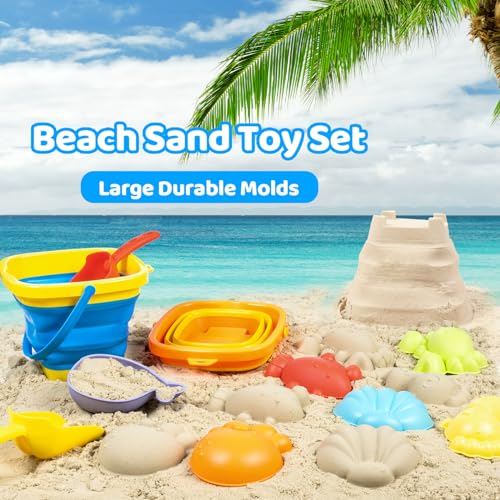 Beach Sand Toys for Kids with 2 Collapsible Beach Sand Buckets, Big Size Sand Molds, 2 Mesh Shell Bags, Shovels Toy Set Summer Travel Beach Essentials Sandbox Outdoor Toys for Toddler Ages 3-10 — view 4