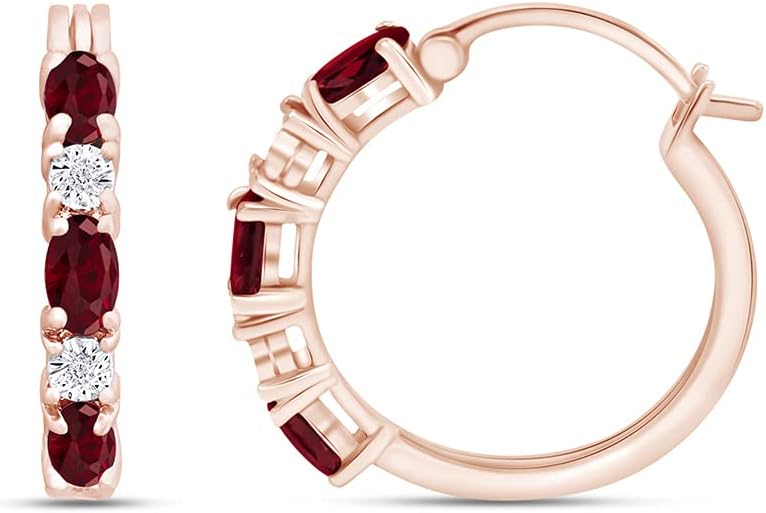 1.50 Carat Oval Cut Simulated Ruby And Round Cut White Natural Diamond Hoop Earrings In 14k Gold Plated 925 Sterling Silver Jewelry Gift For Women Wedding