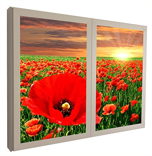 CCRETROILUMINADOS Campo De Amapolas Ventanas Falsas Cuadros Decorativos con Luz, Metacrilato, Blanco, 80 X 80 X 6.5