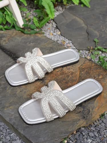 Women's Crystal Embellished H-Strap Slide Sandals, Flat Comfort Slippers, Available in Beige and Black3