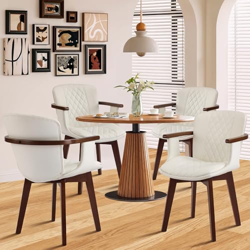 MOJAY Faux Leather Dining Chairs Set of 4, Modern Upholstered Kitchen Chair with Armrests for Dining Room, Restaurant, or Patio, White