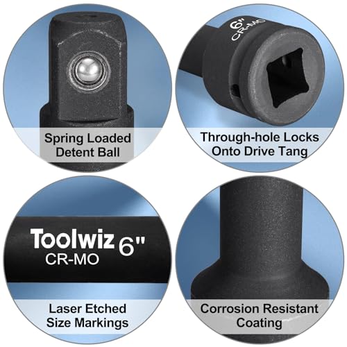 Image of Toolwiz 3 /4 inch Drive Impact Extension Bar 4 inch, 6 inch, 10 inch (3 Piece) Cr-Mo Steel | Expand Range of Impact Drivers, 3 /4 inch Ratchet Wrench Extension Bar Socket Set Organized in Heavy Duty PVC Box, Black