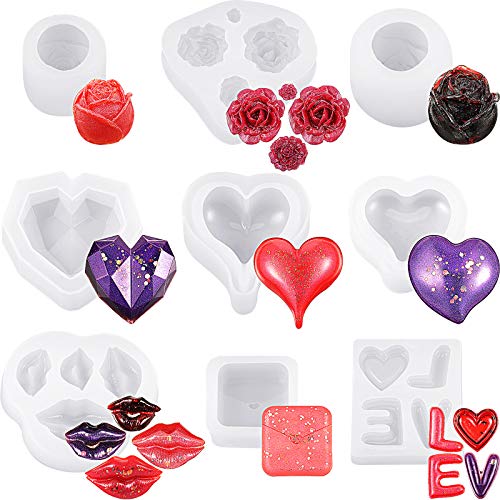 9 Pieces Valentine's Day Casting Molds Resin Silicone Molds Valentine Flower Shaped Candle Molds Rose Heart Silicone Molds For Valentine's Day Diy Candle, Soap Resin Crafts Making Supplies #TOP13