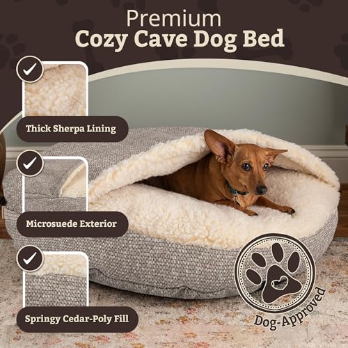 Image of Snoozer Cozy Cave Dog Bed, Round Covered Dog Bed, Merlin Linen (L)
