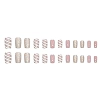 Vista 4 de Uñas postizas a presión de color rosa, uñas postizas cortas cuadradas medianas, uñas postizas con purpurina, diseño de tira de cobertura completa