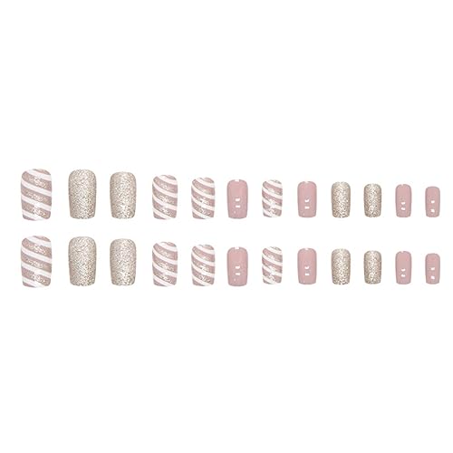 Miniatura 4 de Uñas postizas a presión de color rosa, uñas postizas cortas cuadradas medianas, uñas postizas con purpurina, diseño de tira de cobertura completa