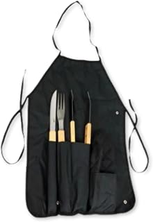 Kit Churrasco Completo 5 Peças com Avental e Luva Térmica - Em Inox com Cabo de Madeira para Grelhar e Cortar Carnes com Praticidade e Segurança