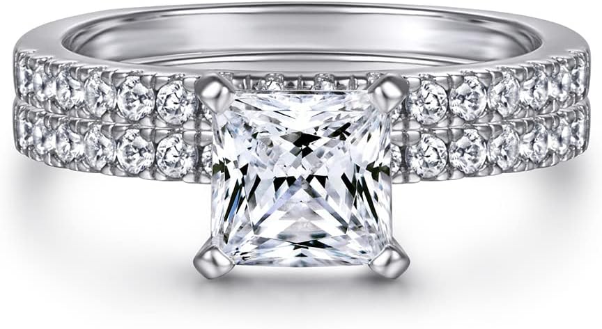 1-1/2 Carat (ctw) Bridal Sets Wedding Ring Sets Moissanite Princess Cut Engagement Ring Set for Women 925 Sterling Silver 10K 14K 18K with Text Engraving