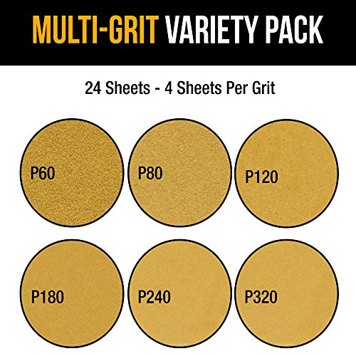 Dura-Gold Premium Triangle Mouse Sanding Sheets Variety Pack - 60, 80, 120, 180, 240, 320 Grit (4 Each, 24 Total), 6 Hole Pattern Hook & Loop Triangular Shaped Sander Discs, Aluminum Oxide Sandpaper #TOP3