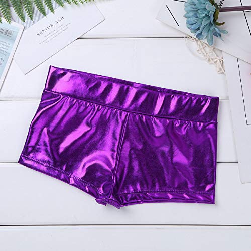Agoky Kids Girls' Top and Booty Shorts Ballet Dance Gymnastics Sports Leotard or Swimwear Swimming Costumes Purple Shiny 7-8 - Thumbnail 6
