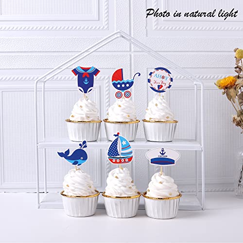 24 Pcs Nautical Cupcake Toppers Sailor Captain Baby Carriage Sailboat Whale Cupcake Picks For Nautical Navy Ocean Theme Baby Shower Kids Birthday Party Cake Decorations Supplies #TOP2