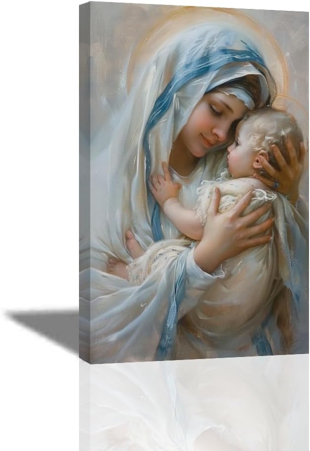 ZQQART Virgin Mary Canvas Wall Art - Baby Jesus Nestled in Mary Picture Prints - Religious Christian Wall Decor - Frame Ready to Hang (12.00" x 18.00")