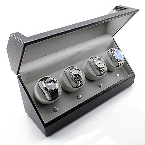 Heiden Quad Watch Winder In Black Leather - 4 Independent Japanese Motors, 12 Settings, Spring Action Watch Pillow, Large Interior Space For Large Watches, Soft Velvet Interior, Vegan Leather #TOP2
