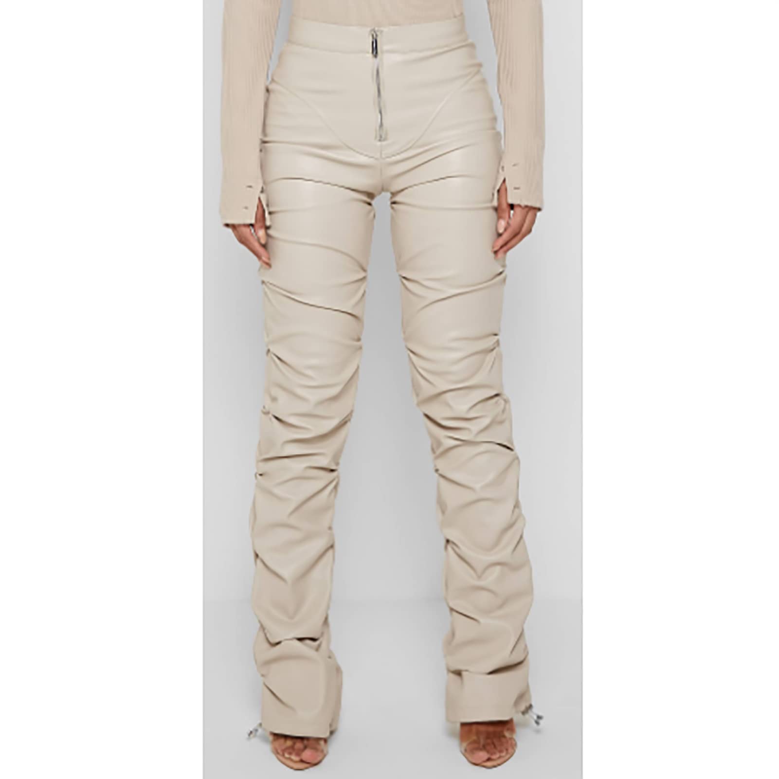Leggings da donna in ecopelle con tasca, taglie forti, per ragazze, vita alta, pantaloni tubolari, bianco, M