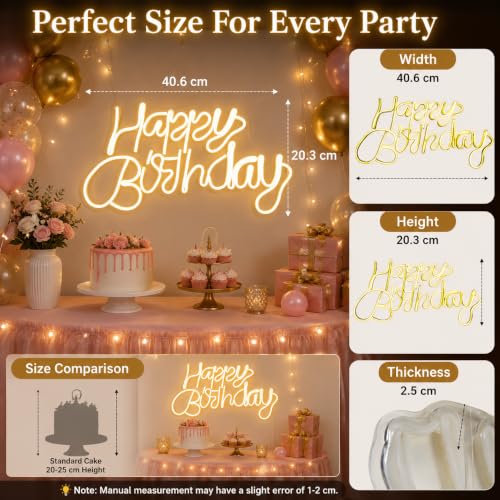 Image of Quace Happy Birthday LED Neon Sign, Warm White Neon Light for Birthday Decoration, Wall Hanging & Table Display, Acrylic LED Party Light with Adapter, 40.6 x 20.3 cm for Home, Events & Photo Backdrop