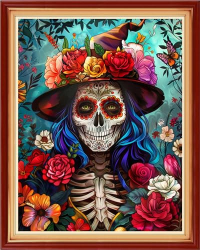 Image of Artvxeay Stamped Cross Stitch Kits - Embroidery Kits for Beginners Cross Stitch Kits for Adults 11 CT Printed Patterns Needlepoint Kits - Flower Skeleton 16x20 inch