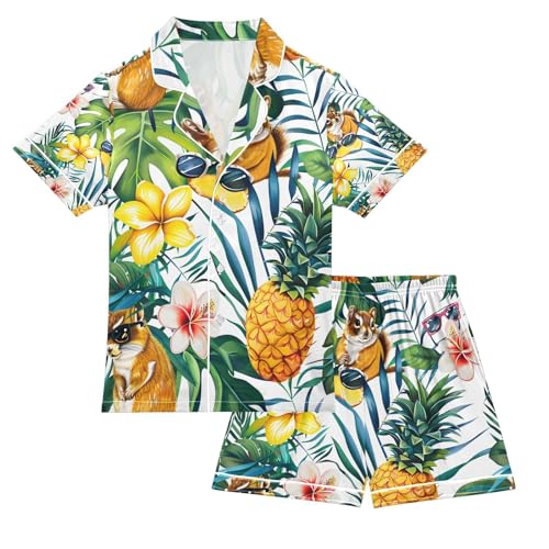 senya Pineapple with Squirrel Satin Summer Pajama Sets Silk Short Sleeve Button Down Sleepwear