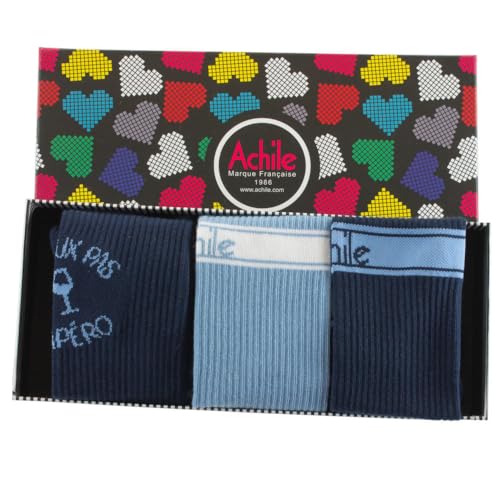 ACHILE - Coffret 3 paires mi-chaussettes à côtes thème 'Apéro' semelle bouclette Fabrication Française - couleur - Bleu - Pointure - 39-46