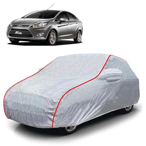 Image of Sulfar 100% Waterproof Car Body Cover Compatible with Mirror for Ford Fiesta (Triple Stitched, Full Bottom Elastic, Magic Silver with Red Piping)